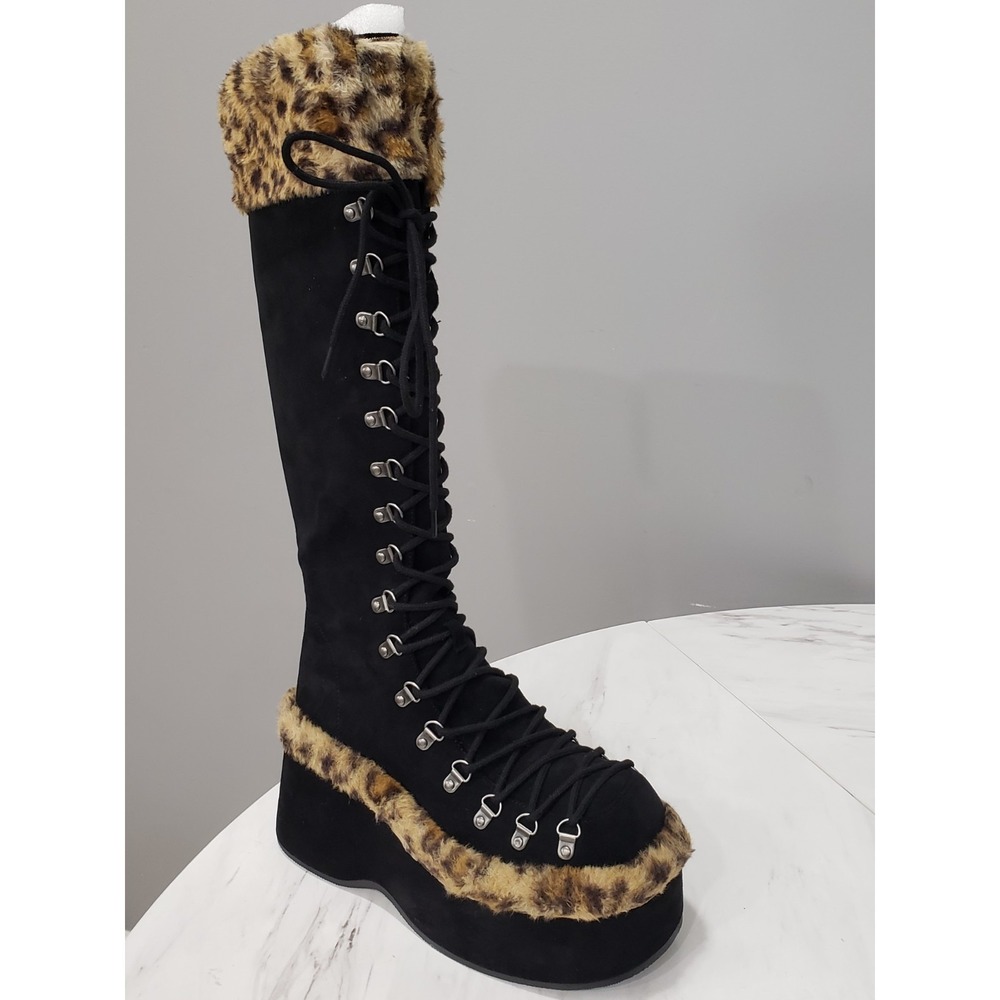 SZ 9 Current Mood Dolls Kill Leopard Faux Fur Platform Boots Tall Glam Mob Boss - Picture 3 of 9